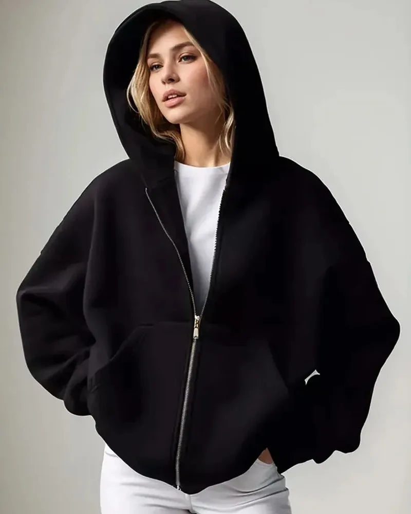 2026 Women Solid Full Zip Up Hoodie Casual Loose Pocket Hooded Jacket Soft Long Sleeve Sweatshirt Autumn Winter Couple Outerwear