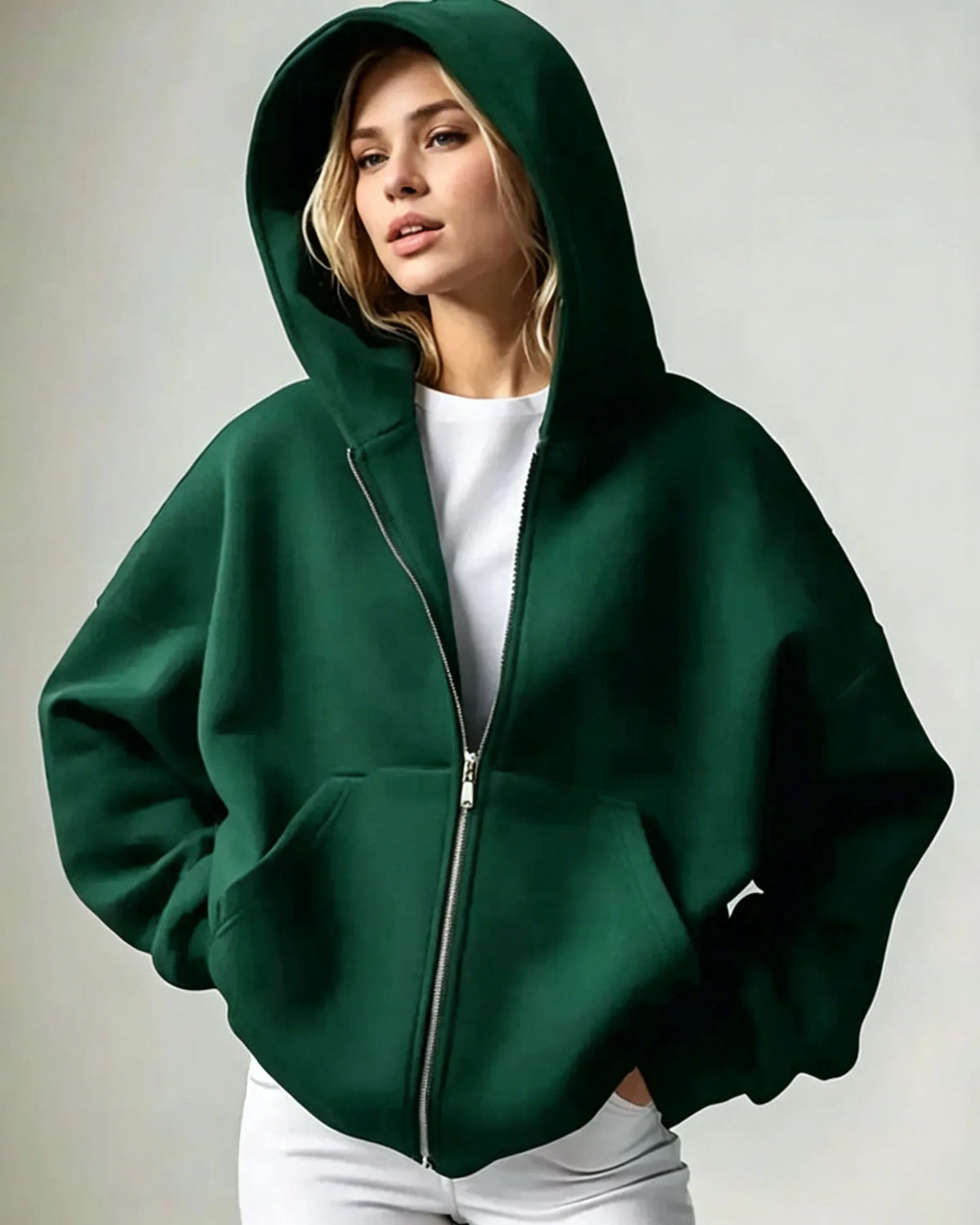 2026 Women Solid Full Zip Up Hoodie Casual Loose Pocket Hooded Jacket Soft Long Sleeve Sweatshirt Autumn Winter Couple Outerwear