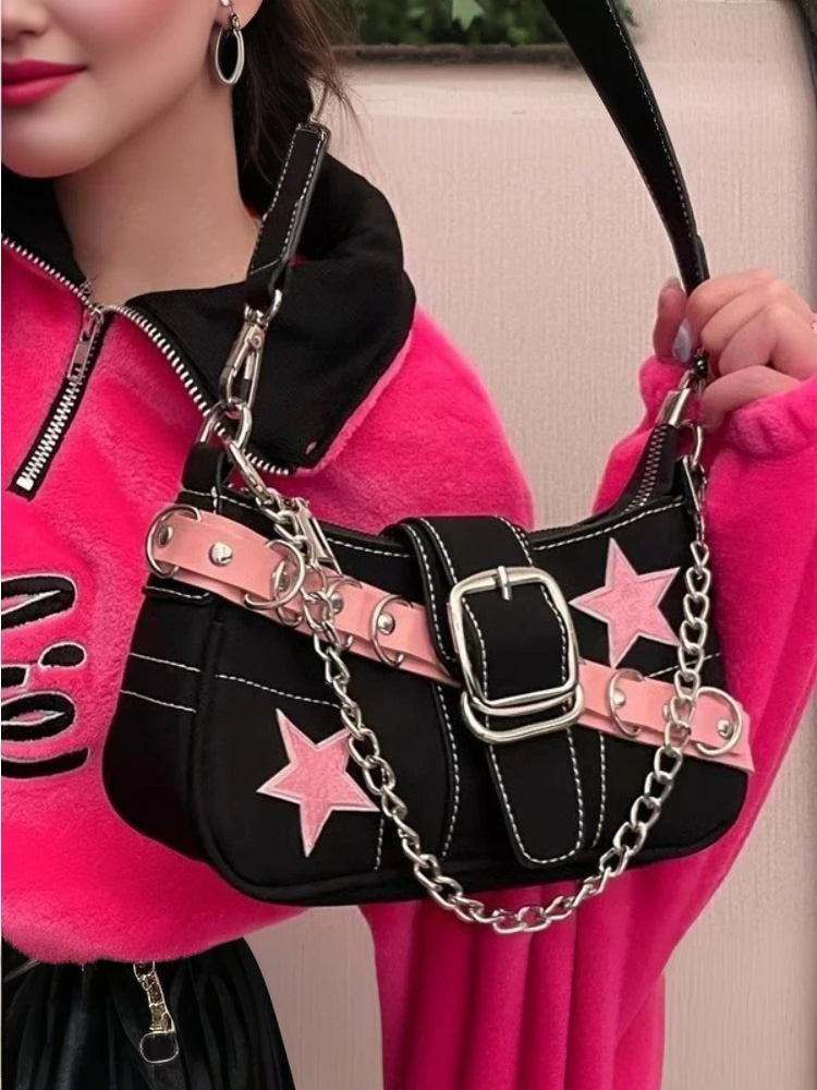 Fashion Women's Handbags Denim Stars Pattern Cool Girls Y2K Underarm Bag Canvas Female Small Shoulder Bags Chain Tote Bag Ins