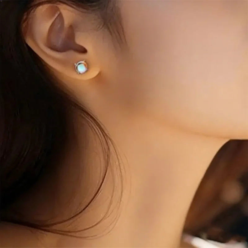 Huitan Dainty Crystal Imitation Opal Stud Earrings for Women Silver Color Exquisite Daily Wear Female Ear Stud Statement Jewelry