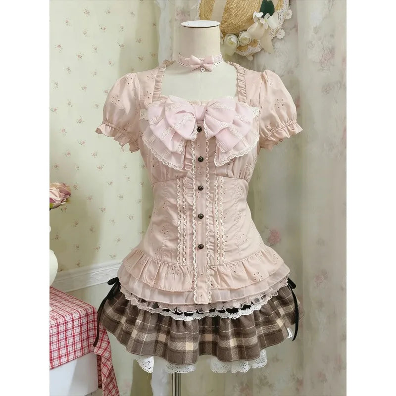 Japanese Sweet Blouse Women Lace Top Ameircan Vintage Plaid Ruffle Mini Skirt Y2K Harajuku Elegant Kawaii Korean Chic Outfits