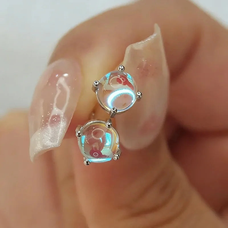 Huitan Dainty Crystal Imitation Opal Stud Earrings for Women Silver Color Exquisite Daily Wear Female Ear Stud Statement Jewelry