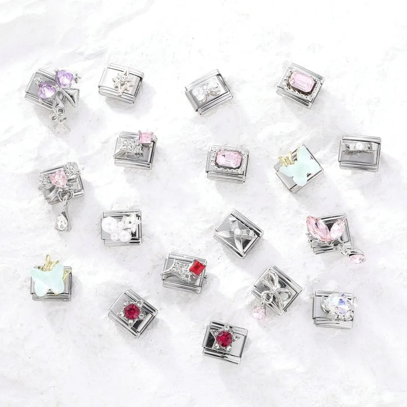 Fashion 2026 Sweet Pink Star Loveheart Pendant Italian Charm Link Fit 9mm Stainless Steel Bracelet Women DIY Making Jewelry Gift