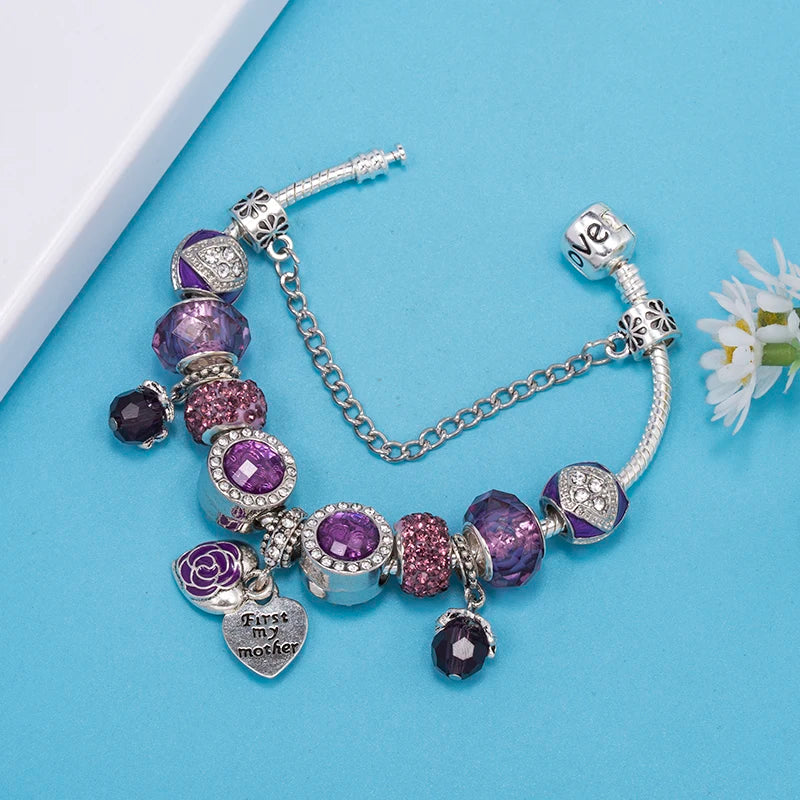 Romantic First My Mother Charm Bracelet For Women With Crystal DIY Beads Pendants Bracelets Fashion Jewelry Gift Dropshipping