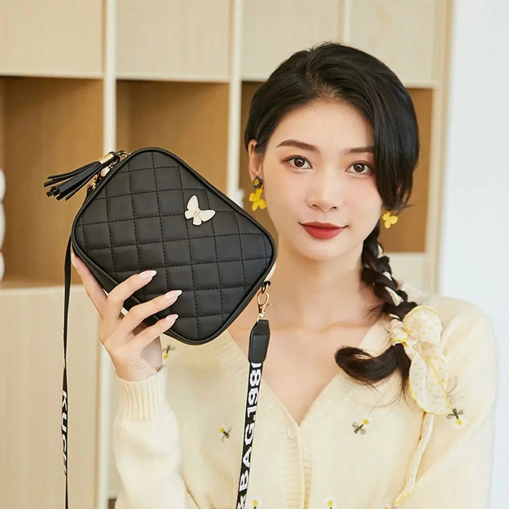 Single Shoulder Women's Handbags Daily Lingge Tassel Accessories PU Leather Messenger Bag Butterfly Tags Crossbody Bag Girls