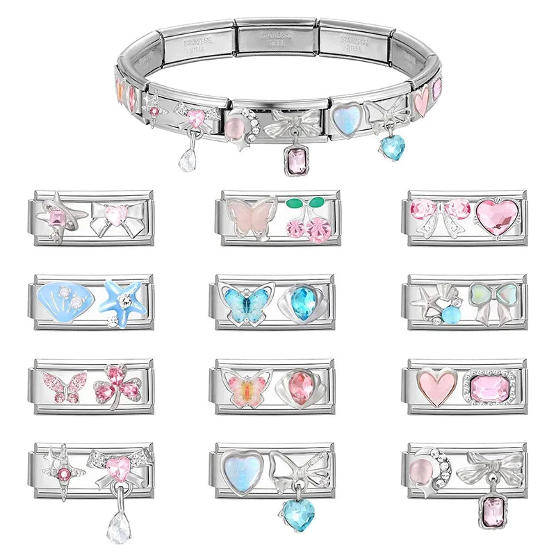Y2K Zircon Bow Knot Water Drop Pink Zircon Doughnut Heart Italian Charm Links Fit 9MM Stainless Steel Bracelet Women DIY Making