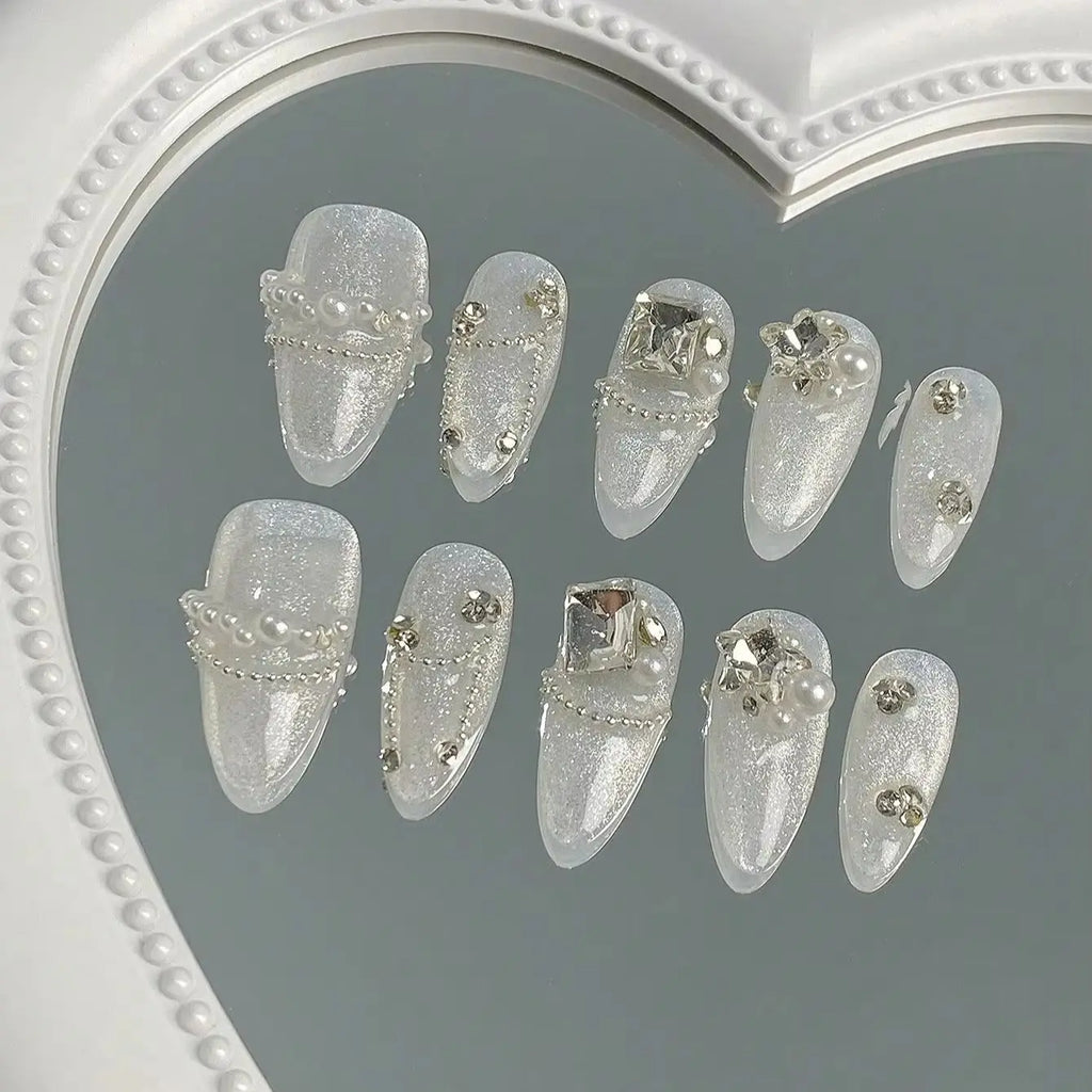 10 Pieces of Medium-Length Almond-Shaped Press-On Nails in Bright Mixed Nude Tones, Comes with a Piece of Nail Glue and a Nail F