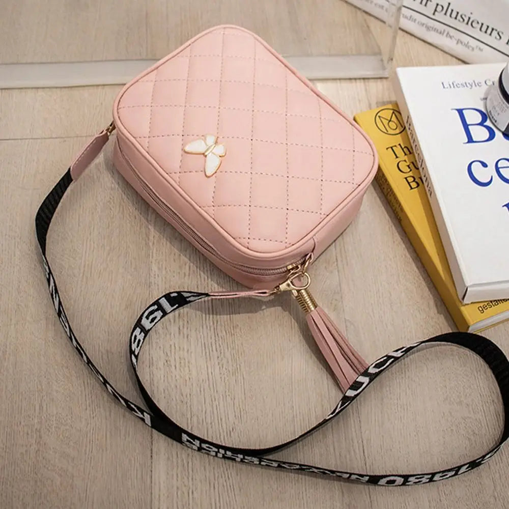 Single Shoulder Women's Handbags Daily Lingge Tassel Accessories PU Leather Messenger Bag Butterfly Tags Crossbody Bag Girls