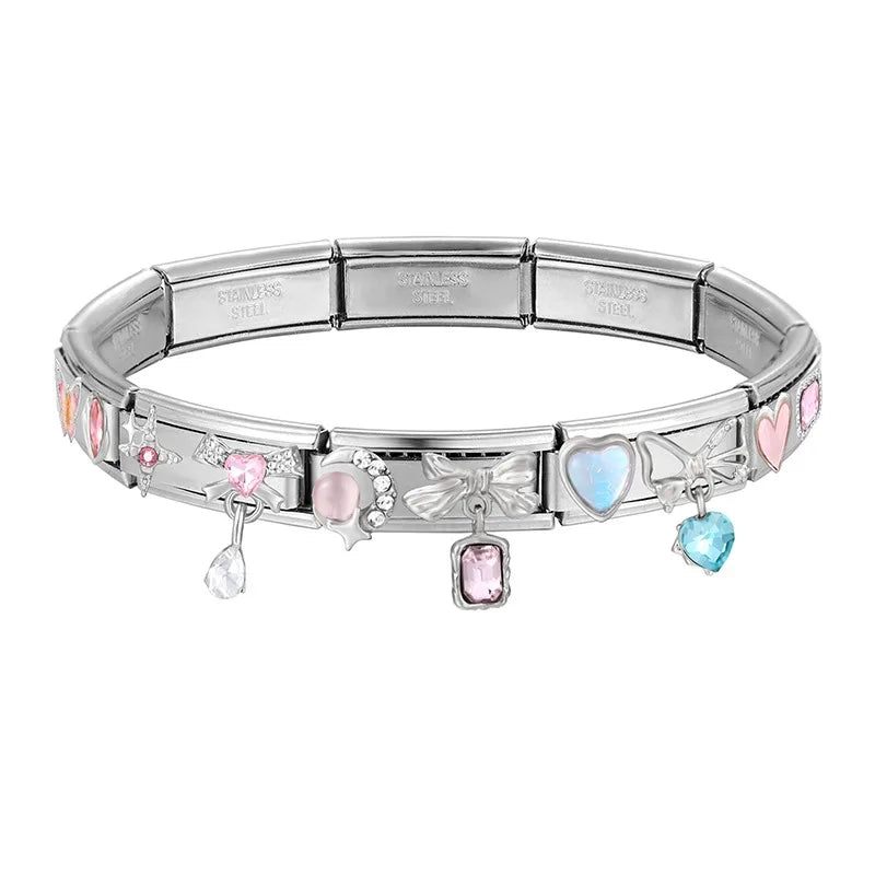 Y2K Zircon Bow Knot Water Drop Pink Zircon Doughnut Heart Italian Charm Links Fit 9MM Stainless Steel Bracelet Women DIY Making