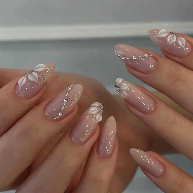 Almond Press On Nails Viral Nude Pink Tone With 3D Floral Rhinestones Skin High End European Fashion Reusable False Nail Tips