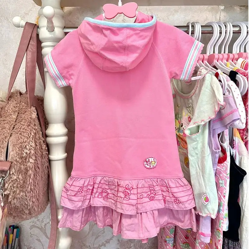 Japanese Harajuku Short Sleeve Hooded Dress Women Sweet A-Line Skirt Kawaii Cartoon Print Y2k Vintage Slim Spring Summer