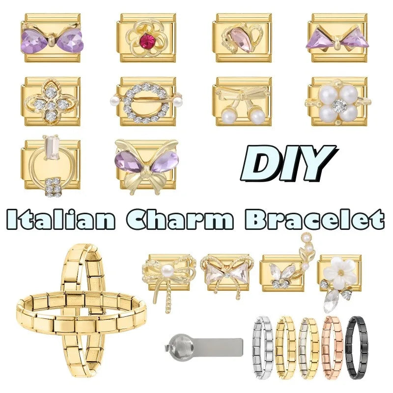 Premium Gold Color Zircon Bowknot Italian Charm Bracelet Stainless Steel Elastic Bracelet Link Bangle DIY Women Men Jewelry Gift