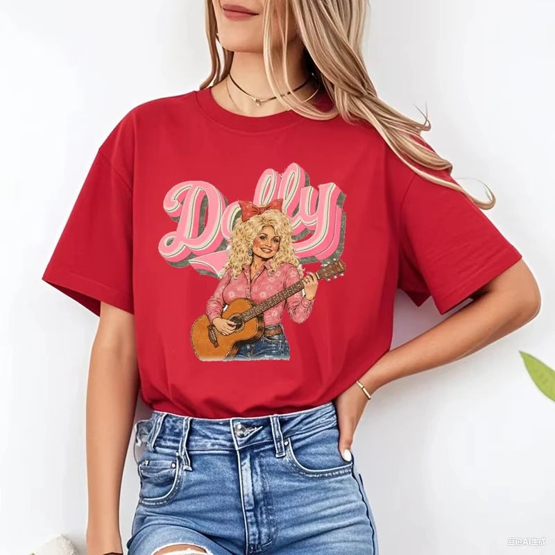 Dolly Parton T-shirt Pure Cotton Pink Country Music Cowboy Girl Pattern T-shirt    Casual couple streetwear shirts for women