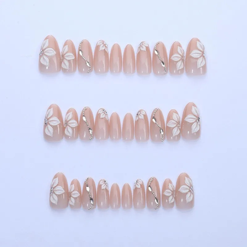Almond Press On Nails Viral Nude Pink Tone With 3D Floral Rhinestones Skin High End European Fashion Reusable False Nail Tips