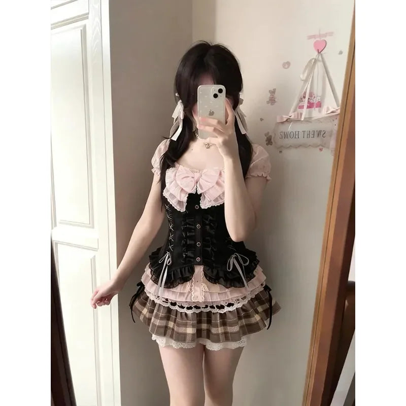 Japanese Sweet Blouse Women Lace Top Ameircan Vintage Plaid Ruffle Mini Skirt Y2K Harajuku Elegant Kawaii Korean Chic Outfits