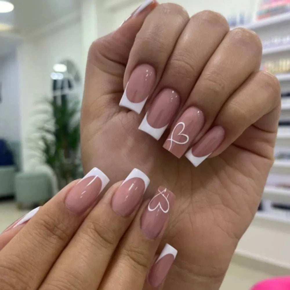 24Pcs French Tip Handmade Press On Nails Minimalist Solid Color Fake Nails Medium Square Full Cover Press On Nail Tips With Glue