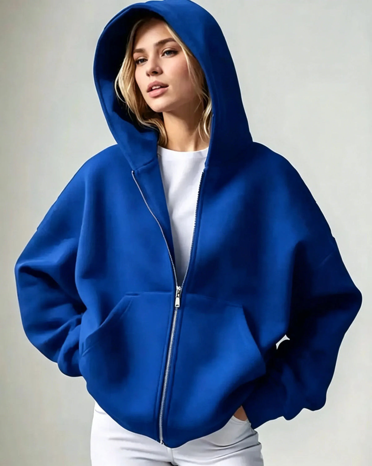 2026 Women Solid Full Zip Up Hoodie Casual Loose Pocket Hooded Jacket Soft Long Sleeve Sweatshirt Autumn Winter Couple Outerwear