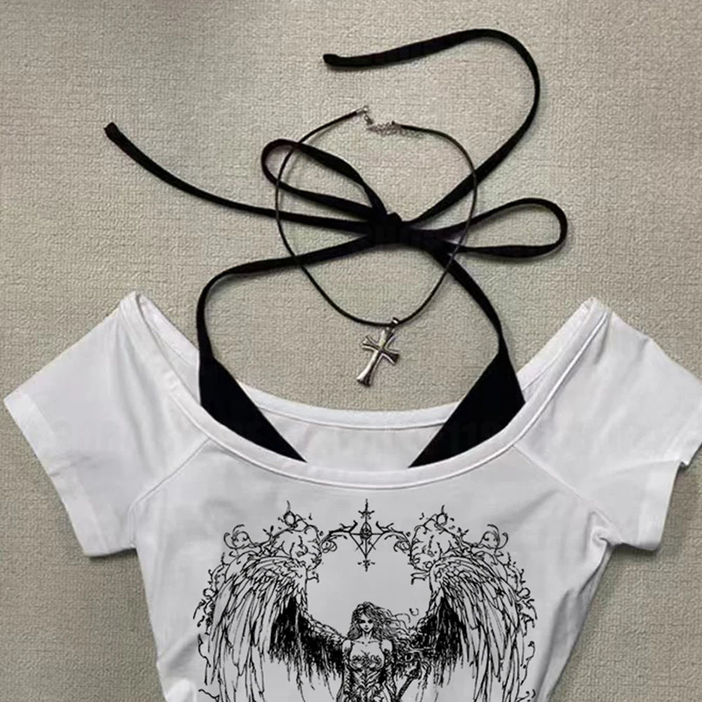2000s Retro Goth Graphic Print Tops Harajuku Girls Clothing Y2K American style Grunge Fake two short sleeves T-shirt High Street