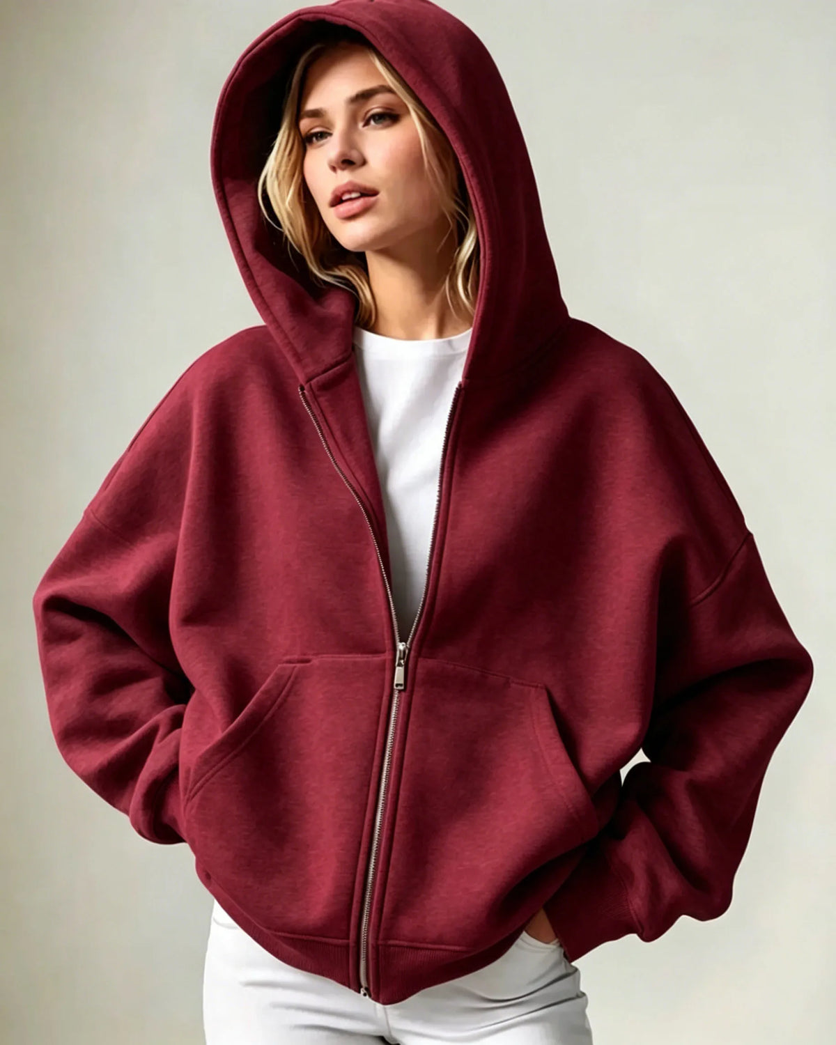 2026 Women Solid Full Zip Up Hoodie Casual Loose Pocket Hooded Jacket Soft Long Sleeve Sweatshirt Autumn Winter Couple Outerwear
