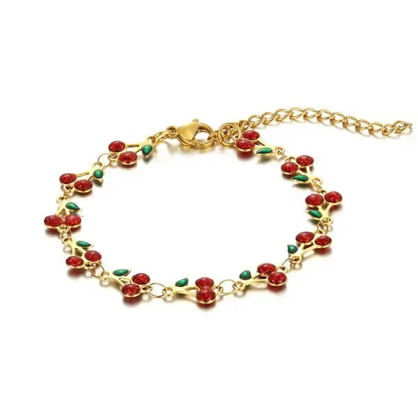 Charm Red Strawberry Bracelet For Women Cute Cherry Heart Shape Fruit Pearl Metal Chain Wristband Party Friendship Jewelry