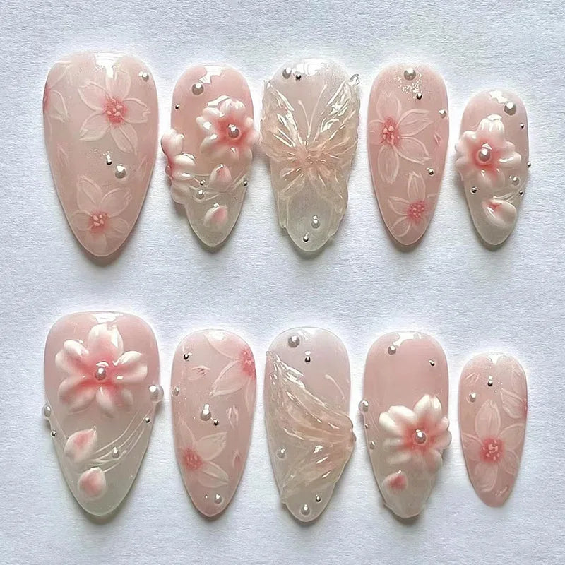 24pcs Pink Flower Almond Press on Nails Kawaii False Nails Wearable Stick-on Nails Fake Nail Uñas Postizas Накладные Ногти 네일팁