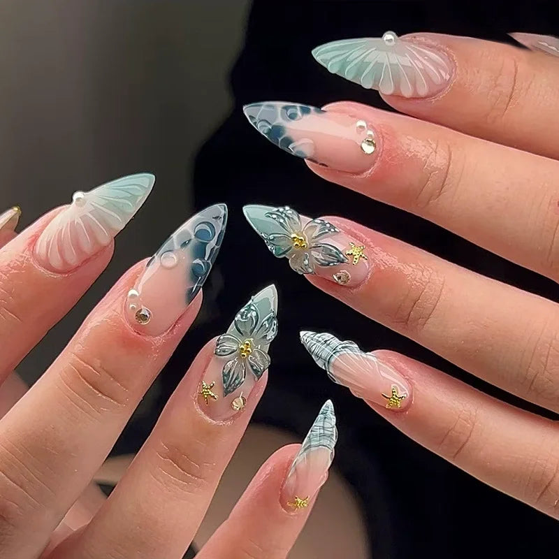 24pcs Pink Flower Almond Press on Nails Kawaii False Nails Wearable Stick-on Nails Fake Nail Uñas Postizas Накладные Ногти 네일팁