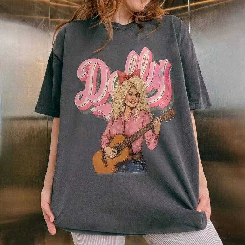 Dolly Parton T-shirt Pure Cotton Pink Country Music Cowboy Girl Pattern T-shirt    Casual couple streetwear shirts for women