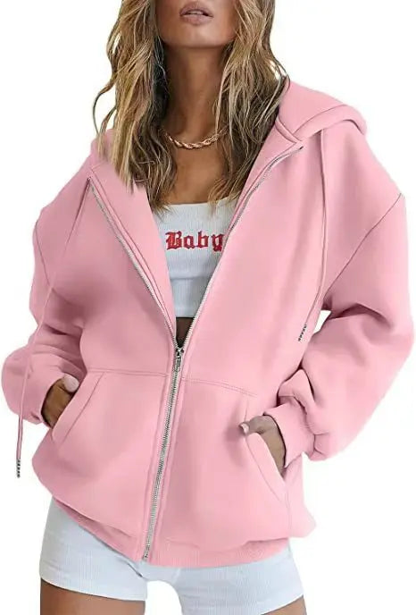 2026 Women Solid Full Zip Up Hoodie Casual Loose Pocket Hooded Jacket Soft Long Sleeve Sweatshirt Autumn Winter Couple Outerwear