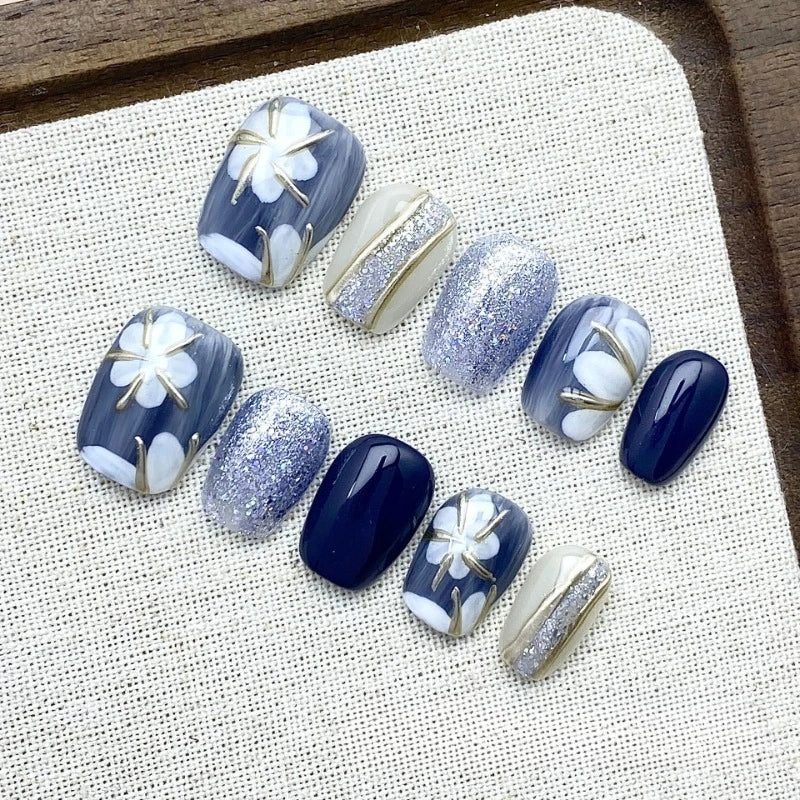 Handmade Nails Press Ons for Girls Spring Summer Self-adhesive Nail Tips Flowers Short Nails Fake Glued Nails with Box and Tools