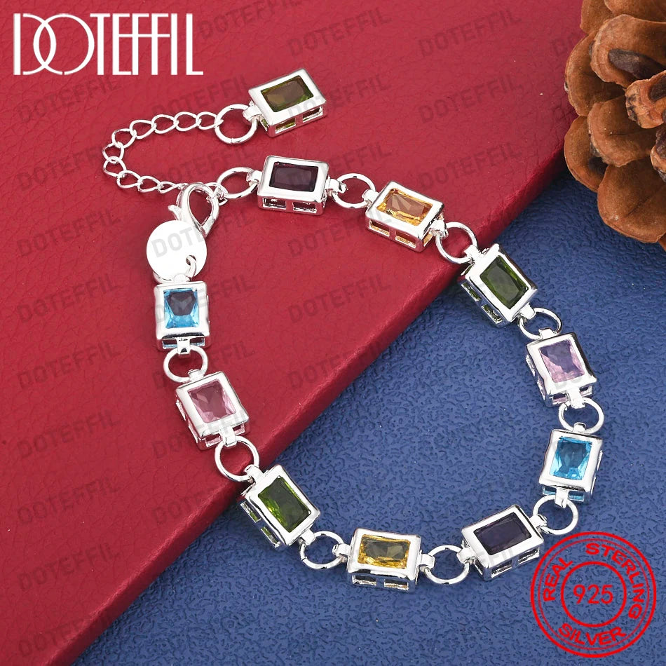 Charm 925 Sterling Silver 8 Inch Exquisite Square Colorful Bracelet Fashionable Women Party Wedding Jewelry