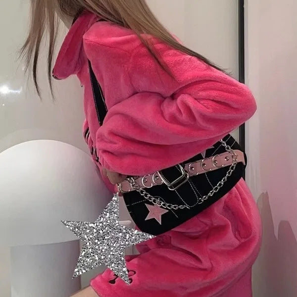 Fashion Women's Handbags Denim Stars Pattern Cool Girls Y2K Underarm Bag Canvas Female Small Shoulder Bags Chain Tote Bag Ins