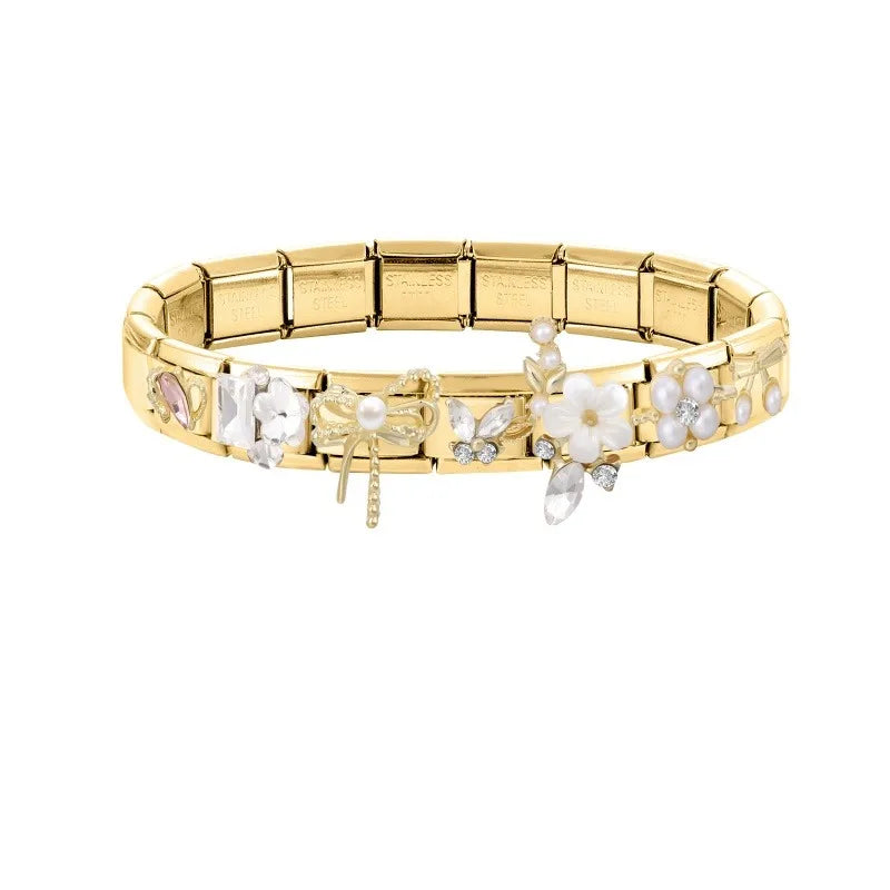 Premium Gold Color Zircon Bowknot Italian Charm Bracelet Stainless Steel Elastic Bracelet Link Bangle DIY Women Men Jewelry Gift