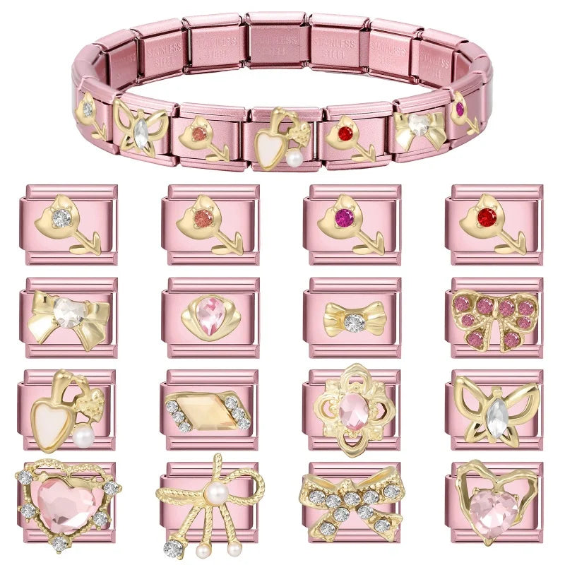 Fashion Pink Dreamy Crystal Butterfly Bow Heart Star Shell Star Charm Fit 9mm Stainless Steel Bracelet Women DIY Making Jewelry