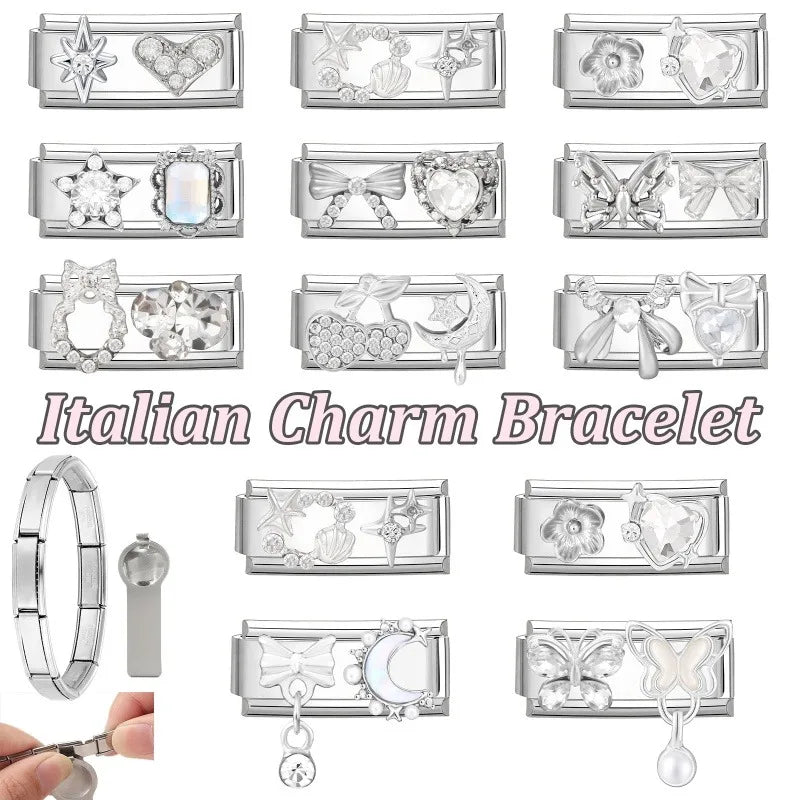 Y2K Zircon Bow Knot Water Drop Pink Zircon Doughnut Heart Italian Charm Links Fit 9MM Stainless Steel Bracelet Women DIY Making