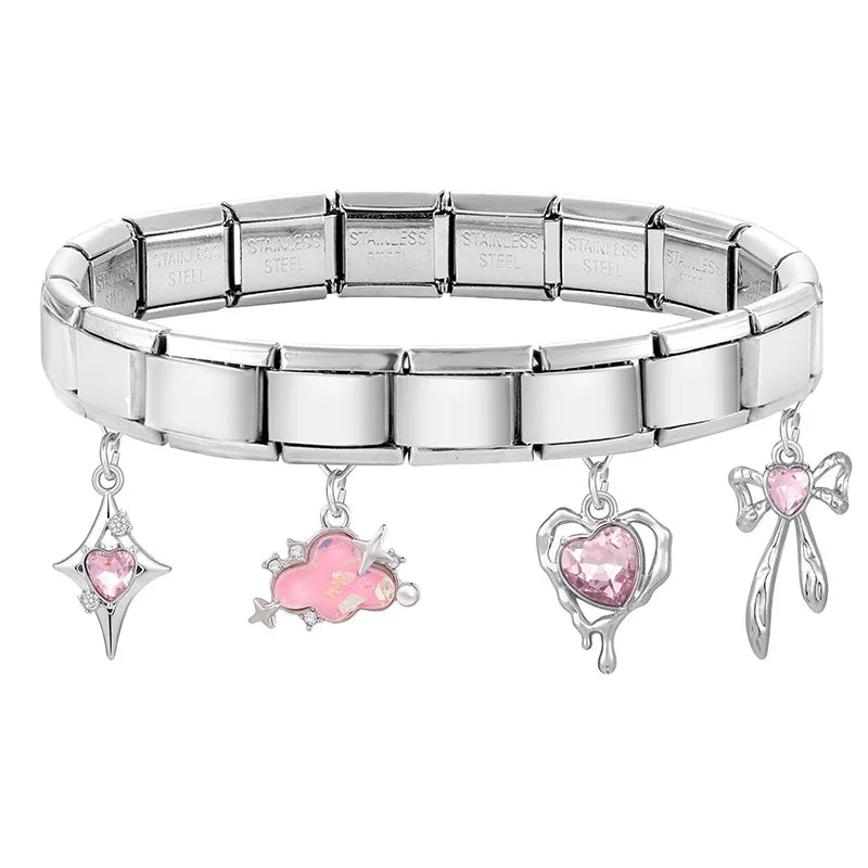 Fashion 2026 Sweet Pink Star Loveheart Pendant Italian Charm Link Fit 9mm Stainless Steel Bracelet Women DIY Making Jewelry Gift