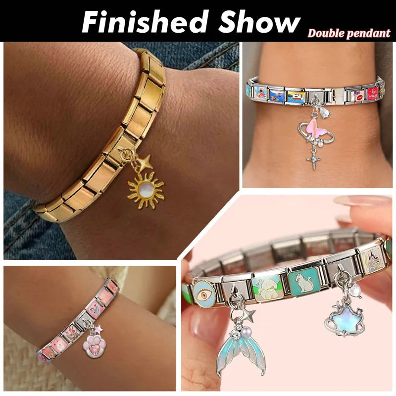 Fashion Pink Dreamy Crystal Butterfly Bow Heart Star Shell Star Charm Fit 9mm Stainless Steel Bracelet Women DIY Making Jewelry