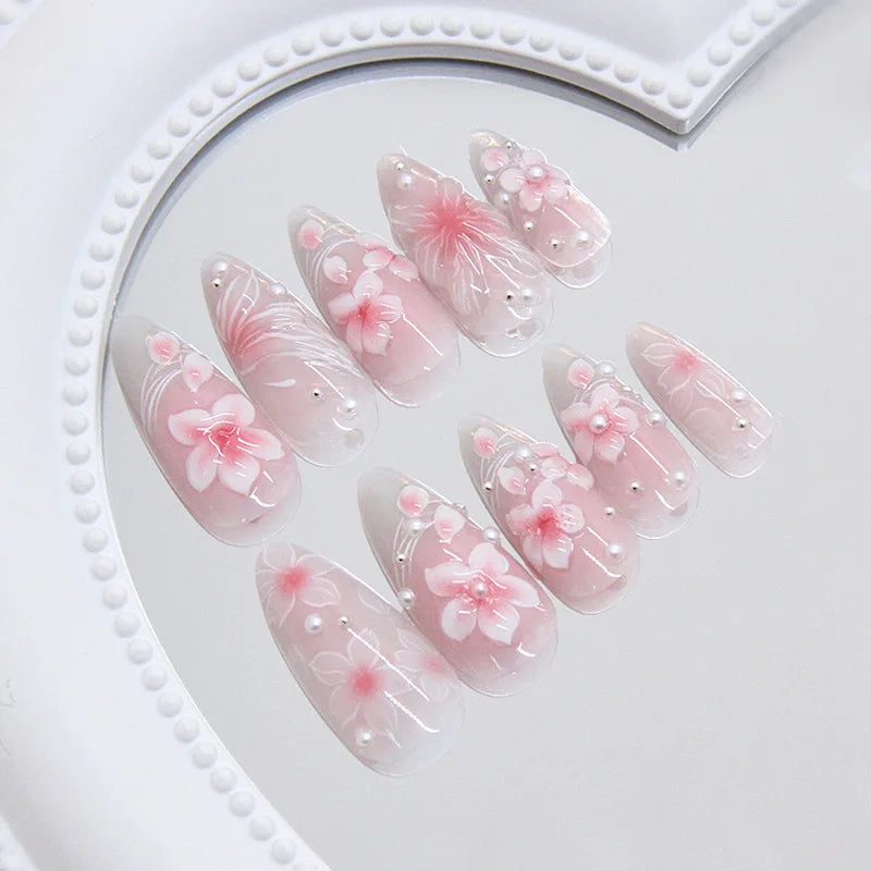 24pcs Pink Flower Almond Press on Nails Kawaii False Nails Wearable Stick-on Nails Fake Nail Uñas Postizas Накладные Ногти 네일팁