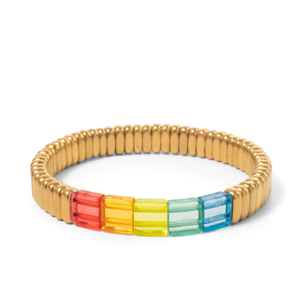 2024 New Enamel Bracelets For Women Colorful Pearl Charm Gold Color Bangle Bohomian Elastic Hand Jewelry