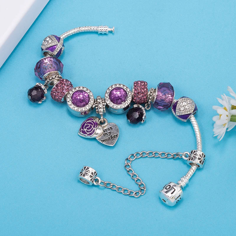 Romantic First My Mother Charm Bracelet For Women With Crystal DIY Beads Pendants Bracelets Fashion Jewelry Gift Dropshipping
