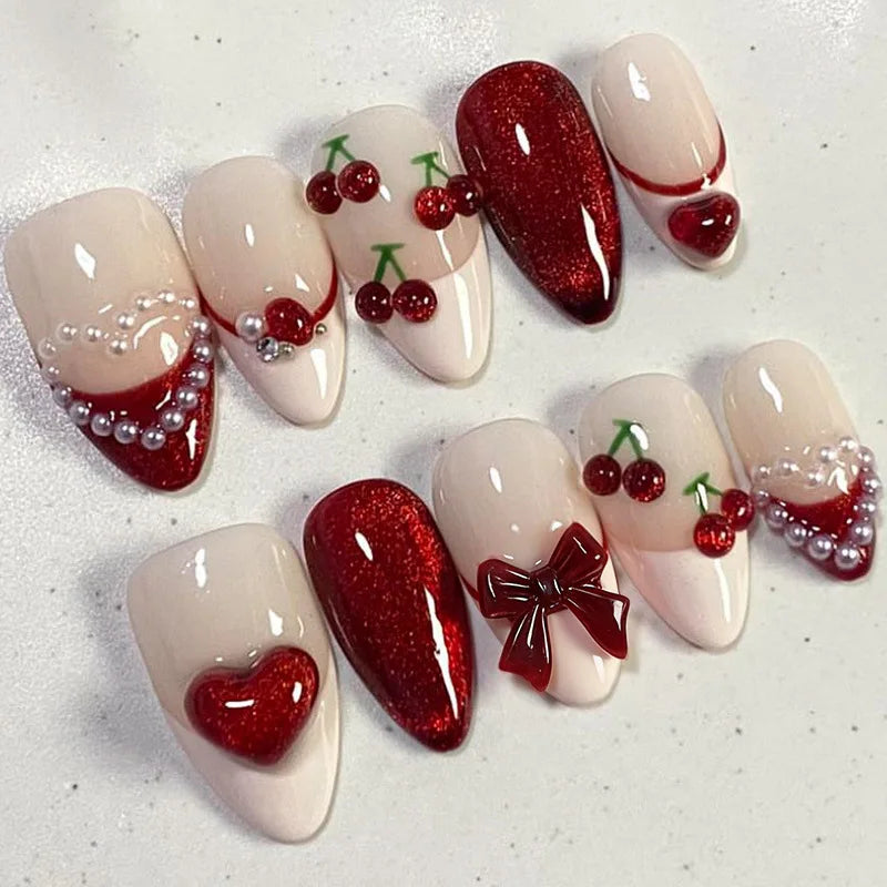 24pcs Pink Flower Almond Press on Nails Kawaii False Nails Wearable Stick-on Nails Fake Nail Uñas Postizas Накладные Ногти 네일팁