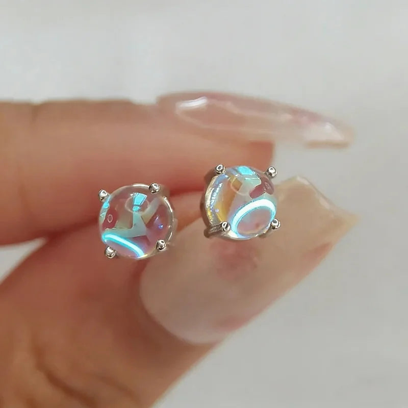 Huitan Dainty Crystal Imitation Opal Stud Earrings for Women Silver Color Exquisite Daily Wear Female Ear Stud Statement Jewelry