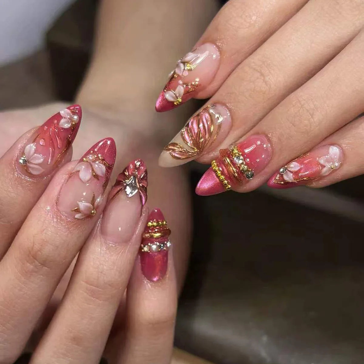 24pcs Pink Flower Almond Press on Nails Kawaii False Nails Wearable Stick-on Nails Fake Nail Uñas Postizas Накладные Ногти 네일팁