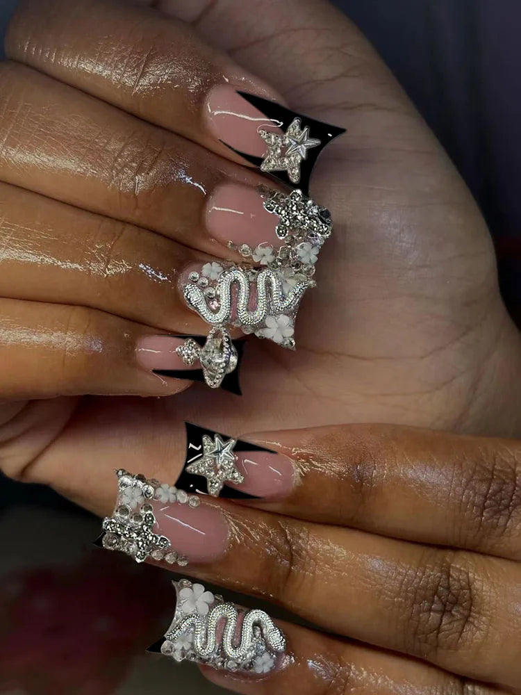 24pcs Long ducknail black French Tip Press On Nails 3D alloy cross, snake-shaped decoration with rhinestone design Fit Perfectly