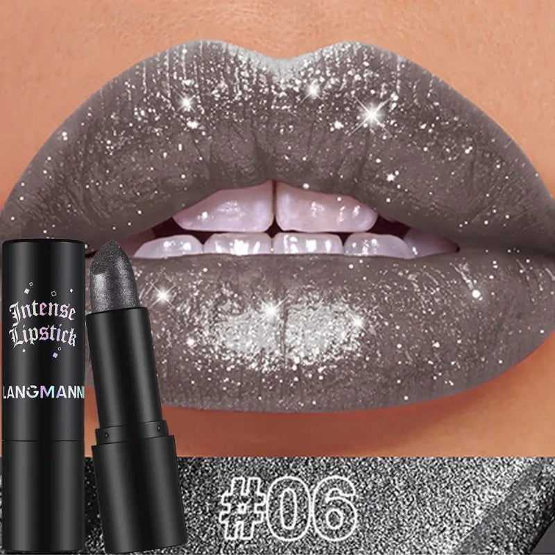 Nude Gray Metallic Lipstick Glitter Diamond Waterproof Long-Lasting Lip Gloss High Pigment Shiny Sparkling Pearl Lip Tint Makeup