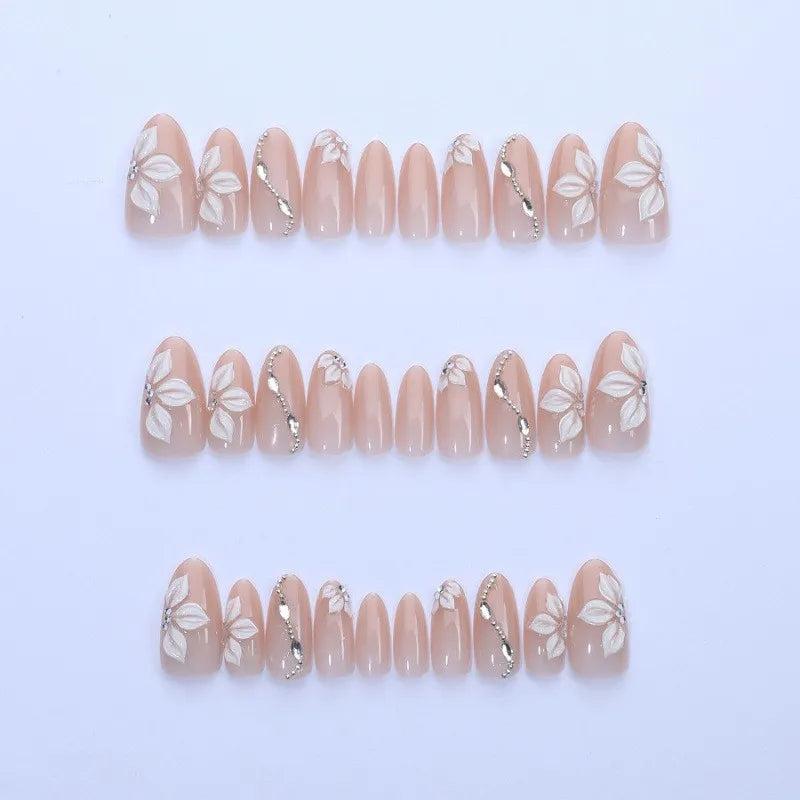 Almond Press On Nails Viral Nude Pink Tone With 3D Floral Rhinestones Skin High End European Fashion Reusable False Nail Tips