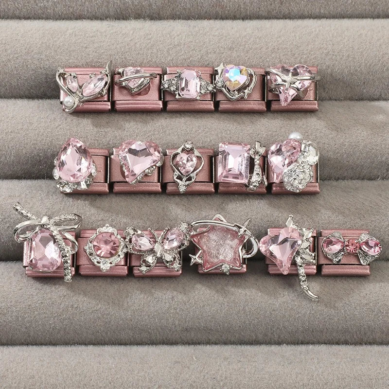 Fashion Pink Dreamy Crystal Butterfly Bow Heart Star Shell Star Charm Fit 9mm Stainless Steel Bracelet Women DIY Making Jewelry