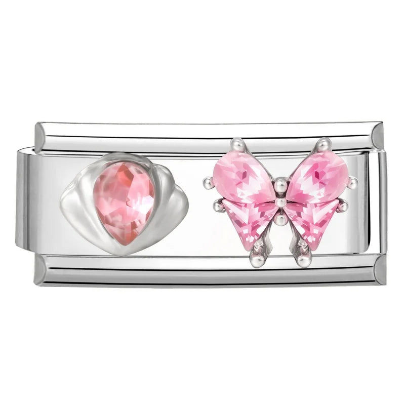 Y2K Zircon Bow Knot Water Drop Pink Zircon Doughnut Heart Italian Charm Links Fit 9MM Stainless Steel Bracelet Women DIY Making