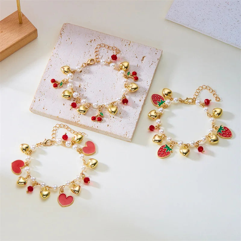 Charm Red Strawberry Bracelet For Women Cute Cherry Heart Shape Fruit Pearl Metal Chain Wristband Party Friendship Jewelry