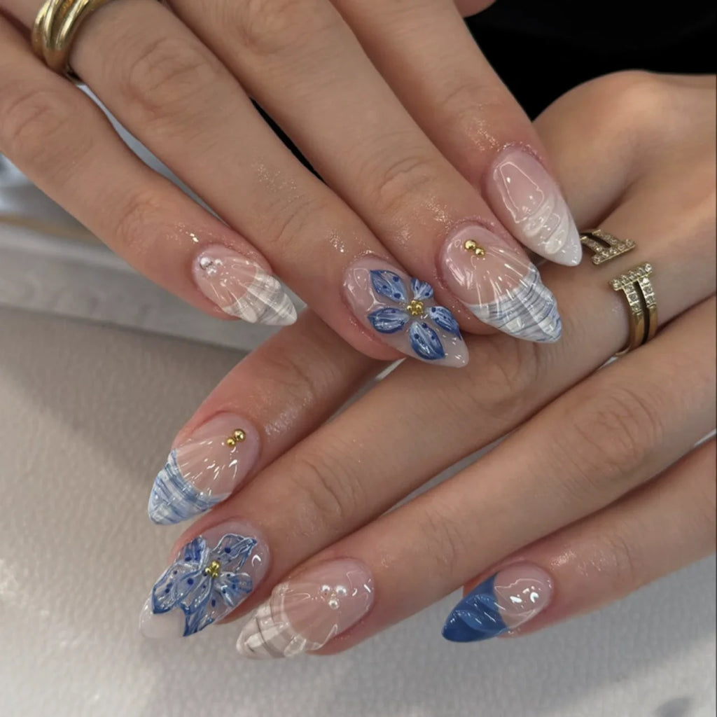 24pcs Pink Flower Almond Press on Nails Kawaii False Nails Wearable Stick-on Nails Fake Nail Uñas Postizas Накладные Ногти 네일팁