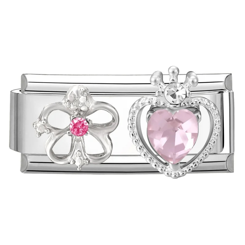 Y2K Zircon Bow Knot Water Drop Pink Zircon Doughnut Heart Italian Charm Links Fit 9MM Stainless Steel Bracelet Women DIY Making